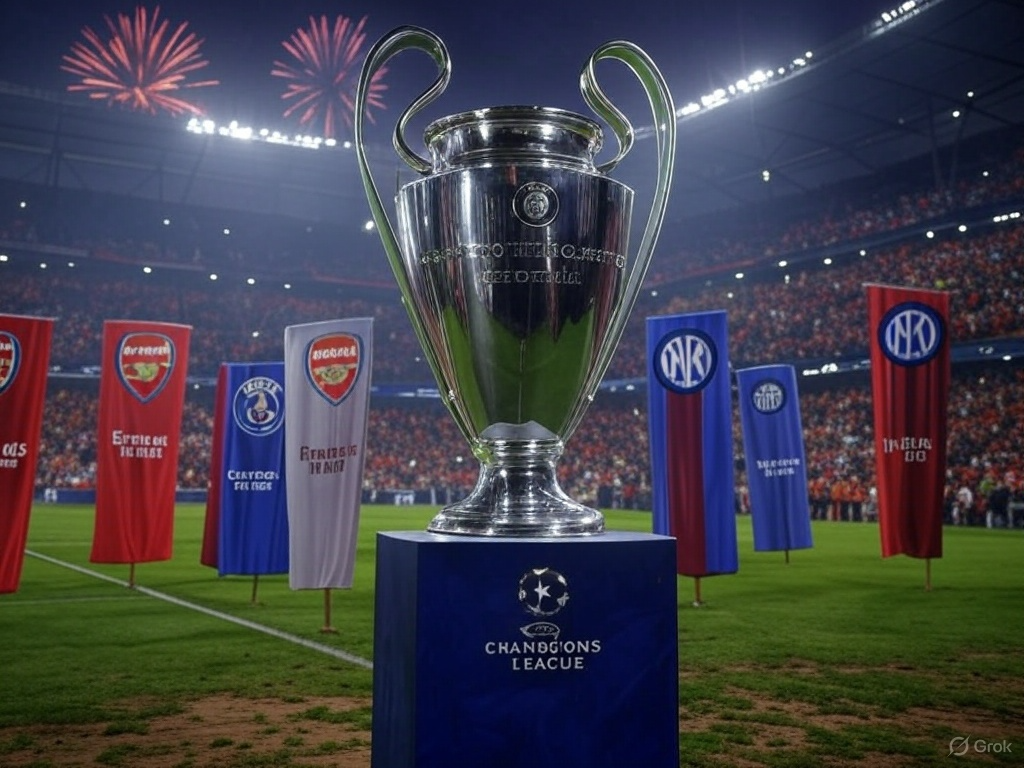 UEFA Champions League trophy surrounded by banners of Arsenal, PSG, Barcelona, and Inter Milan under stadium fireworks